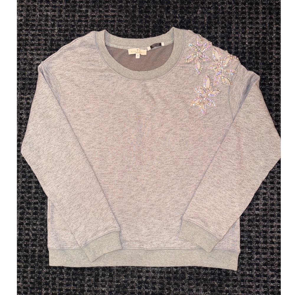 ESSENTIEL ANTWERP Rhinestone Beads Flower Sweatshirt Grey Crewneck Sz 3 L